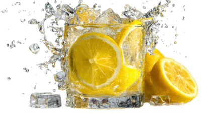 Refreshing lemonade with ice and splashes, showcasing sliced lemons in a glass.