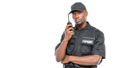 Security guard in uniform holding a walkie-talkie, white isolated background.