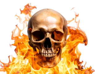 A powerful human skull consumed by bright, orange flames, conveying a sense of intensity and peril.