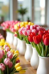 Multicolored tulips in white vases on a table. Bright pink, yellow and red flowers create a fun, bright atmosphere perfect for spring and floral designs.