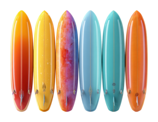 Surfboards displayed in vibrant colors beach aerial view