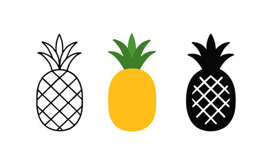 Three pineapple icons: line art, colorful illustration, and silhouette on white background
