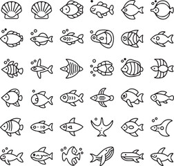 Obraz premium Collection of various outline drawings of fish and seashells art