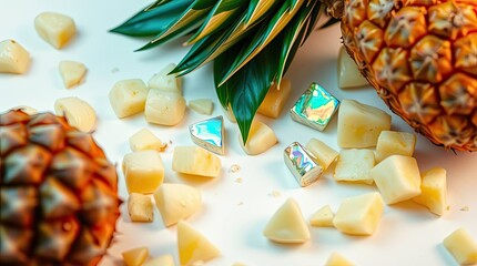 Freshly cut pineapple pieces with iridescent accents and vibrant green leaves on white surface