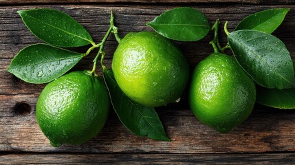Fresh vibrant green limes with glossy textured skin and lush leaves arranged on rustic wooden surface