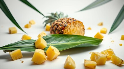 Freshly cut pineapple with green leaves and scattered cubes on a white background