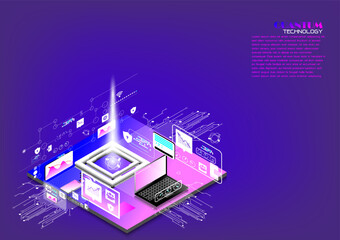 Quantum technology concept to analyze basic daily life data in the most efficient way.sometric illustration with visual interface for gobal network