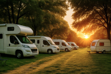 Motorhomes and a caravan are parked in a row on a grassy lawn surrounded by trees in forest campsite at sunrise. The sun casts a golden glow from the horizon. AI-generated