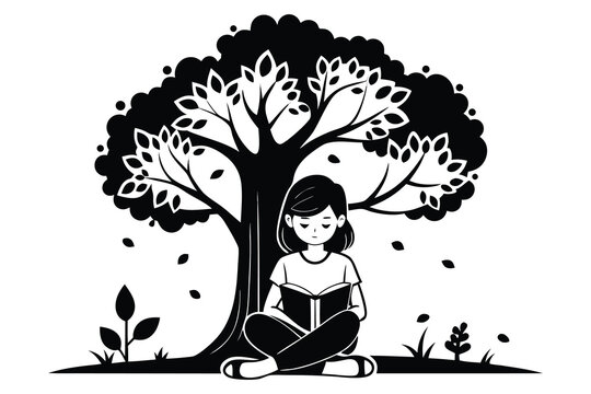  A Black design illustration of a girl reading a book under a tree, relaxing mood, clean vector white background .eps