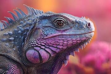 Fototapeta premium Colorful iguana posing in a vibrant pink and orange background