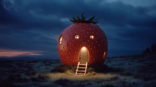 Whimsical glowing strawberry house at twilight field