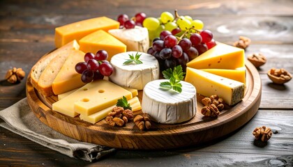 Swiss Cheese Platter with Grapes and Bread – Top View Food Photography