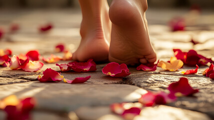 foot model on rose petals
