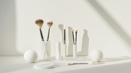 makeup brush set and makeup products on a white background