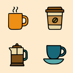Flat Cartoon Illustration of Hot Coffee Mug, To-Go Coffee Cup, Coffee Pot, and Teacup with Saucer in Bold Outlines