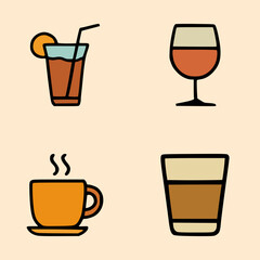 Vector Illustration of Various Beverages Including Iced Drink, Wine, Hot Coffee, and Coffee Latte on Soft Beige Background