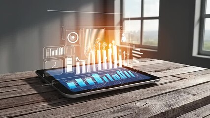 Tablet displaying data charts on wooden table with sunlight shining through window - Powered by Adobe