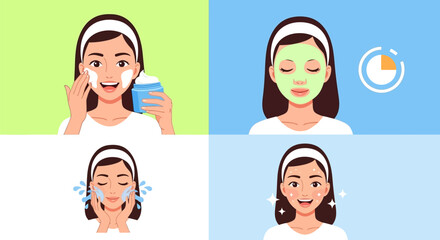 Skin care routine steps beauty treatment facial mask skincare illustration