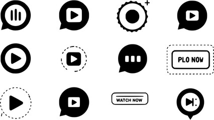 Set of Watch now buttons. Play video buttons in flat style. Watch video. Play now. Web media. Online translation. Set of vector modern trendy flat buttons for website. UI element. Vector illustration