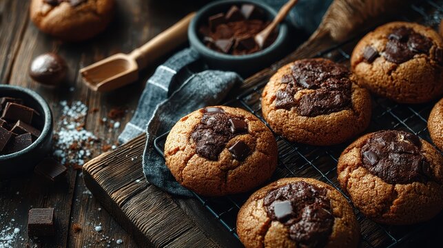 Freshly baked chocolate chip cookies with melting chocolate chunks on a rustic wooden surface with baking ingredients
