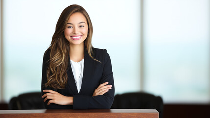 Confident young professional woman in business attire smiling in a bright office setting.