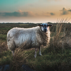 A single sheep stands alert on a grassy hillside under a colorful evening sky in rural countryside.