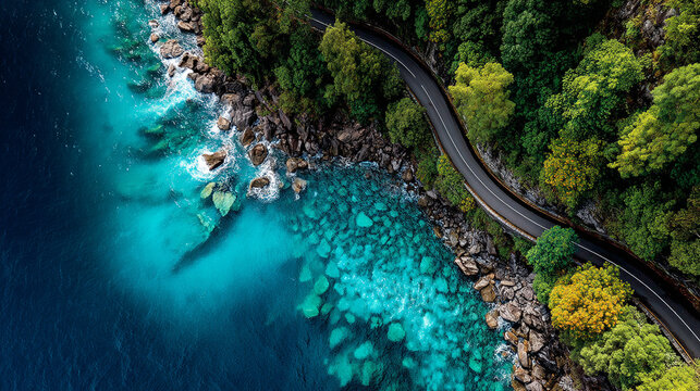 Breathtaking aerial view of a winding coastal road nestled between vibrant green forests and the sparkling turquoise ocean.