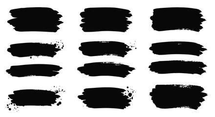 Set of Nine Black Brush Strokes with Splashes