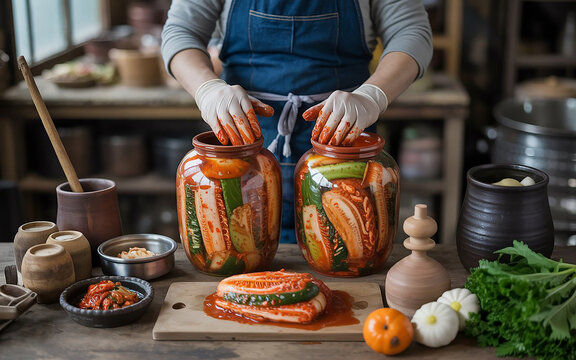 Hands carefully packing bright red, freshly made kimchi into a brown ceramic noggin jar