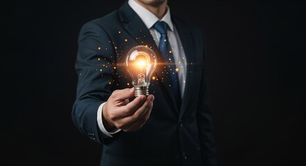 Businessman holds glowing lightbulb with holographic elements, symbolizing innovation, problem solving, solution, brainstorming, and creative thinking in idea business strategy.