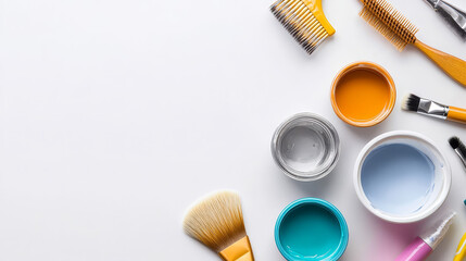 makeup brush set and makeup products on a white background