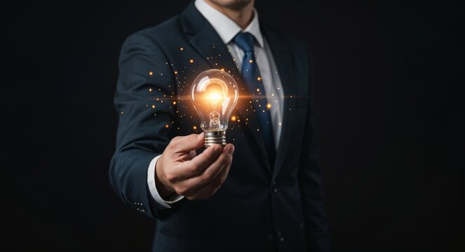 Businessman holds glowing lightbulb with holographic elements, symbolizing innovation, problem solving, solution, brainstorming, and creative thinking in idea business strategy. - Powered by Adobe