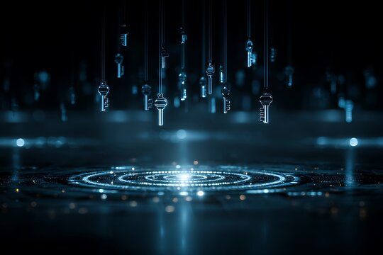 Illustration of many glowing blue keys hang above a circular light pattern on a dark background, symbolizing digital access