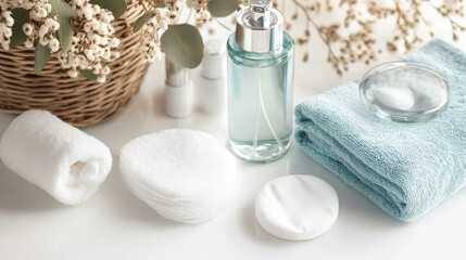 Towels, makeup remover and skincare products on a white table
