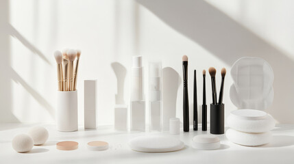 Towels, makeup remover and skincare products on a white table
