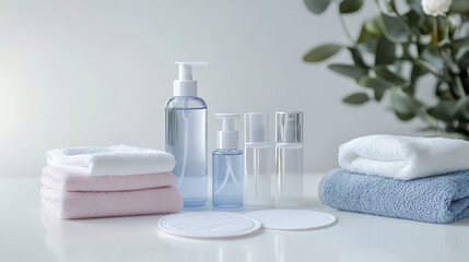 Towels, makeup remover and skincare products on a white table
