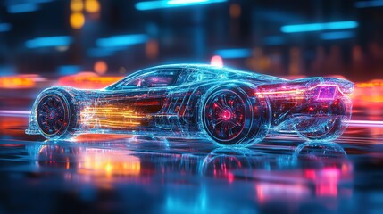 A car made of transparent material with laser lights.