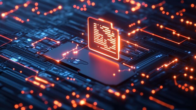 3D graphic of a document icon sending data to another.