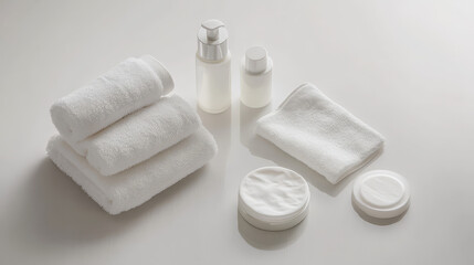 Towels, makeup remover and skincare products on a white table
