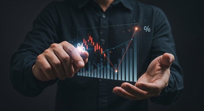 Businessperson interacts with holographic bar and line graph showing percentages. Concept of discounts, tax, inflation, interest rate changes, and investment returns in a digital economy. - Powered by Adobe