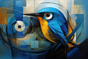 Cubist depiction of a bird, angular wings, bright blues, fragmented beak, abstract nest, geometric forms, textured composition