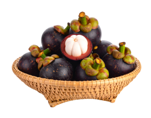 A delightful collection of fresh mangosteens, including one perfectly opened to reveal its sweet white pulp, fills a