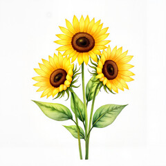 Obraz premium Three sunflowers with green leaves on a white background 