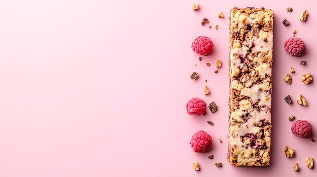 delicious berry nut granola bar with raspberries on pink background - Powered by Adobe