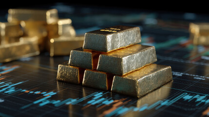gold bars stacked in a pyramid formation rest on a digital financial chart, symbolizing wealth, investment security, and market value fluctuations