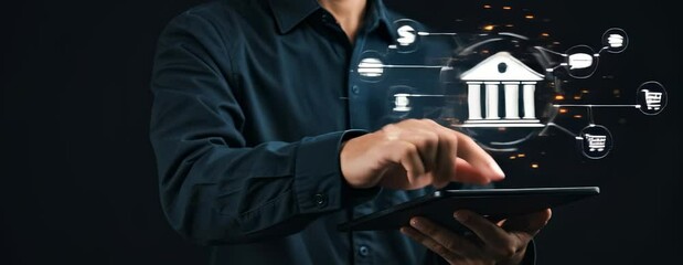 Businessman touching virtual banking icon, symbolizing online payments, e-commerce, fintech, digital finance network, and modern financial technology for global business transactions. Copy space area - Powered by Adobe