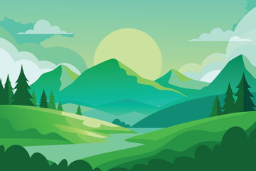 Fototapeta premium Green morning landscape vector illustration