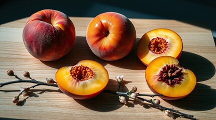 Fresh peaches on a wooden board showcasing vibrant colors and textures