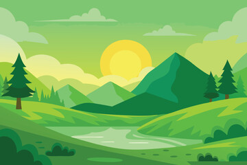 Obraz premium Green morning landscape vector illustration