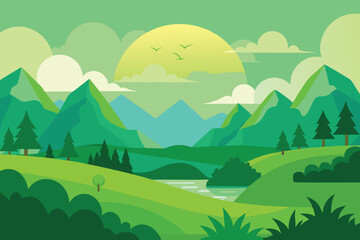 Obraz premium Green morning landscape vector illustration